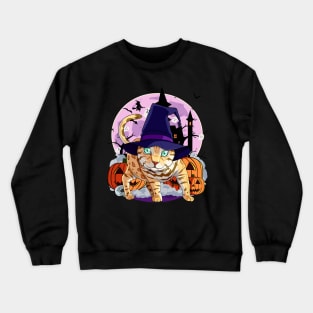 Bengal Cat Funny Halloween Witch Pumpkin Crewneck Sweatshirt